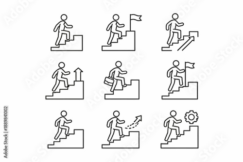 Set of stick figure icons illustrating career progression and achievement steps