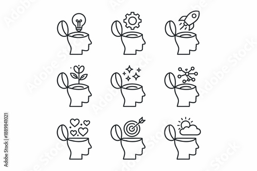 Open head icons: creativity, innovation, ideas, and imagination concepts