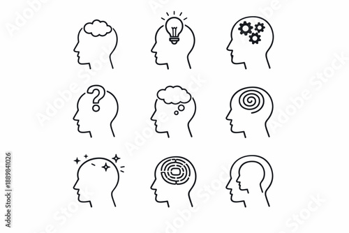 Set of nine outline icons of human heads with mental and cognitive symbols