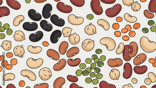 Variety of beans and legumes on white background including kidney beans black beans cashews and peas for healthy eating and nutrition concepts