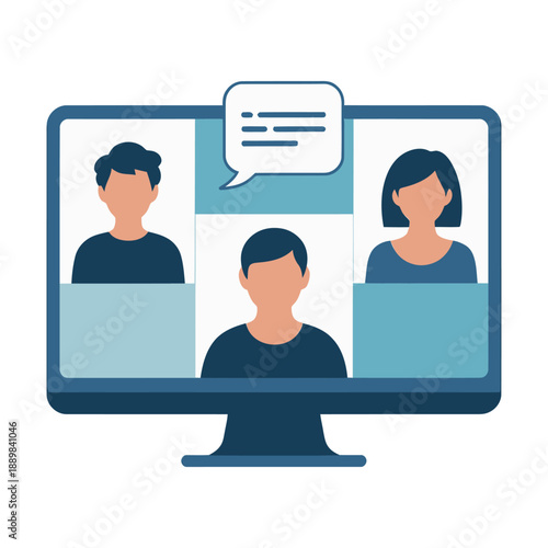 Three diverse colleagues engage in a video conference call using a desktop computer monitor.