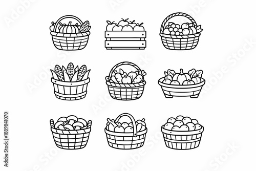 Variety of harvest baskets filled with fruits and vegetables in black and white line art