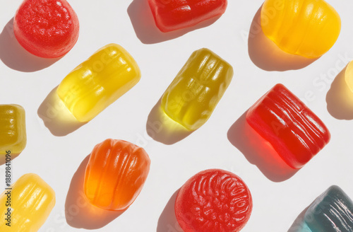 Colorful Gummy Candies Arrangement on White Background.
