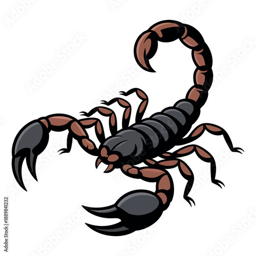 Large black and brown scorpion displays menacing claws and a raised stinging tail illustration.
