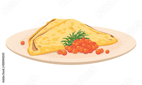 A thin pancake and red caviar on a white plate. Vector illustration of a traditional Russian food for Maslenitsa. A crep folded into a triangle and salted salmon caviar. An expensive delicacy