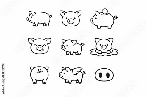 Cute cartoon pig illustrations in various playful poses and expressions