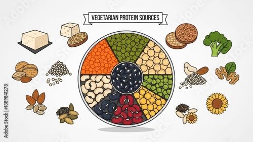 Vegetarian protein sources infographic with food wheel and various plant based foods on a white background