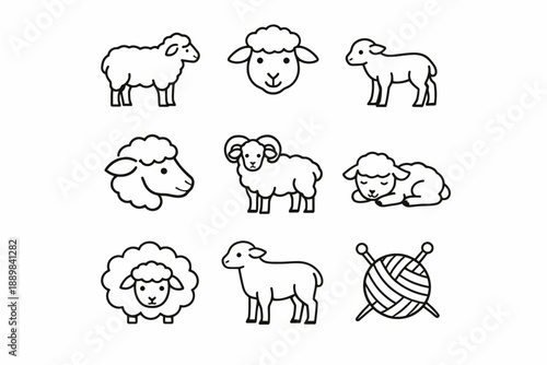 Collection of sheep and lamb illustrations with yarn
