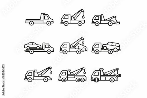 Set of nine tow truck icons in minimalist line art style