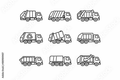 Set of various garbage trucks illustrations