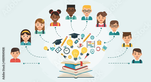 Flat Design Students Learning Knowledge from Book Connection Concept Illustration