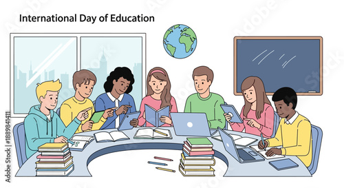 Line Art Diverse Students Studying Together for International Education Day Illustration
