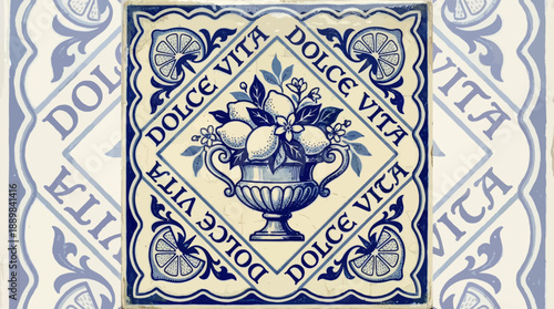 Blue and white Dolce Vita patterned tile design with an ornate central medallion and decorative borders