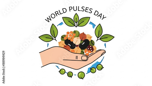 Hand holding colorful pulses and leaves for world pulses day symbolizing nutrition and sustainability