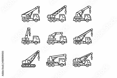 Set of nine outline crane truck icons in various designs
