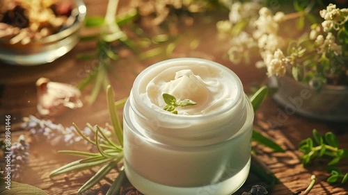 Artisan premium tallow balm in a refined frosted glass container, surrounded by freshly picked herbs and organic elements. Rustic wood surface, glowing golden light, soft shadow play for a warm