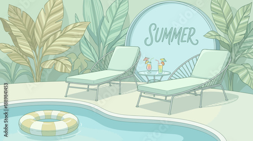 Relaxing poolside scene with sun loungers, tropical plants, and a Summer sign by a calm blue pool, perfect for vacation vibes and outdoor leisure.