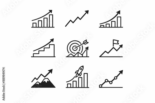 Set of nine growth and success icons featuring arrows and graphs
