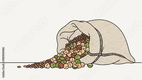 Spilled beans from mesh bag on white background colorful assorted legumes