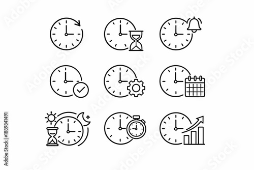 Clock and time icon set: alarms, calendars, gears, and graphs for efficient time management