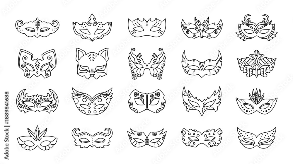 Fototapeta premium Carnival mask set in outline line art featuring masquerade face covers with ornaments festival costume accessories celebration perfect for your illustration and creative designs projects