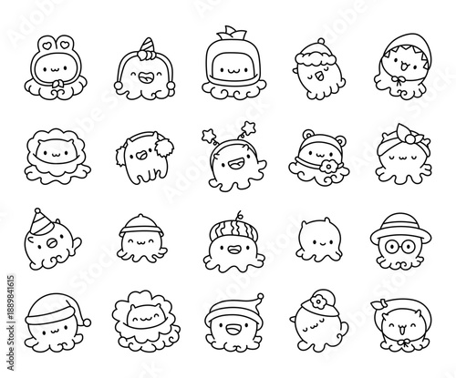 Dumbo octopus character set kawaii style smiling, featuring various funny costume outfits, hats, cute details and joyful underwater elements for creative cartoon projects
