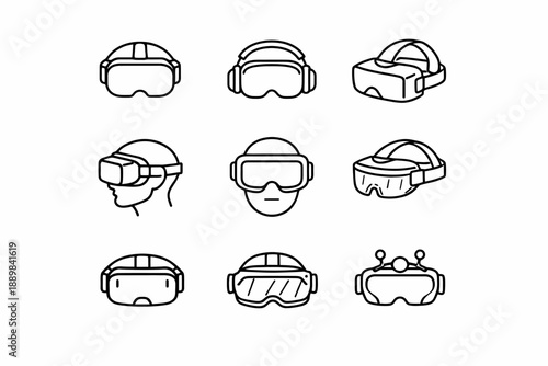 Outline icons of virtual reality headsets in various styles and perspectives