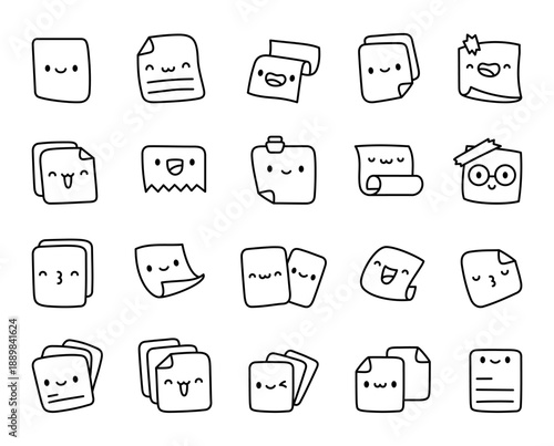 Paper face character set kawaii style smiling notes happy memos cute school pages office documents daily messages positive reminders and sheet