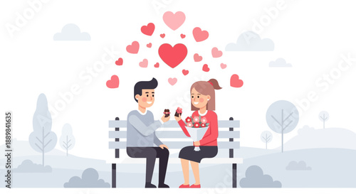 Flat Style Couple on Bench with Hearts Romantic Valentine Illustration
