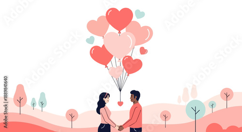 Minimalist Couple Holding Hands With Heart Balloons In A Romantic Landscape
