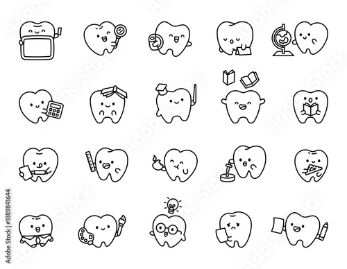 Tooth school cute kawaii character set with various objects for learning, studying, reading, writing, measuring, teaching and classroom education purposes for your illustration