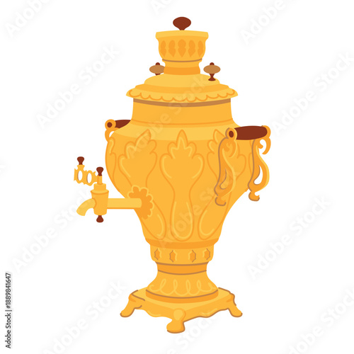 Vector illustration of a yellow metal samovar. A traditional vessel for brewing tea. A symbol of Russian hospitality. A richly decorated teapot in Russia.