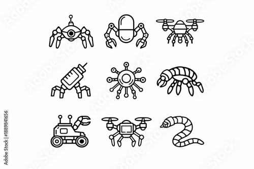 Collection of unique robotic designs including insects and machines