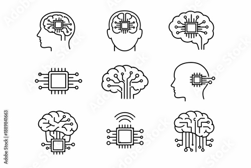Black and white brain-tech illustrations: circuit integrated brain symbolism
