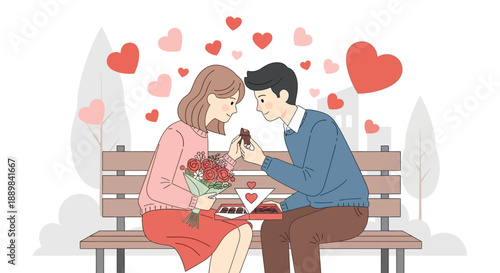 Cute Cartoon Couple Sharing Chocolate on Bench with Hearts Illustration