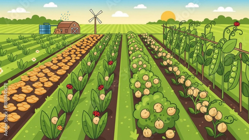 Vibrant farm field with diverse crops including tulips potatoes and peas under a sunny sky with a rustic barn and windmill in the background