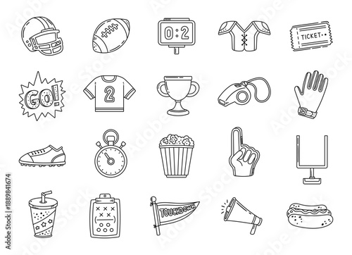 American football set in outline line art featuring equipment snack score team uniform trophy whistle ticket goalpost timer strategy celebration symbols