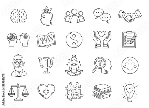 Mental health set in outline line art presenting psychology support therapy communication meditation balance symbols education wellbeing insight for modern awareness projects