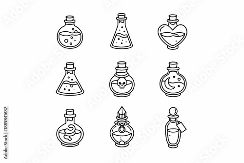 Set of nine unique potion bottles with various shapes and designs