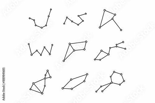 Collection of nine simple line constellations with dotted nodes on white background