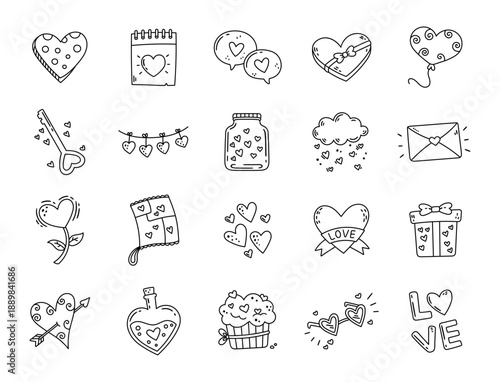 Valentine heart celebration set in outline line art romantic symbols gift letter balloon candy arrow potion cupcake glasses message garland flower