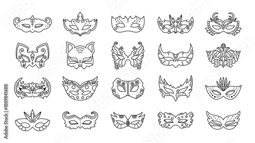 Carnival mask set in outline line art featuring masquerade face covers with ornaments festival costume accessories celebration perfect for your illustration and creative designs projects