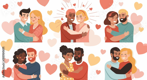 Modern Flat Diverse Couple Hugging Each Other Illustration with Heart Elements