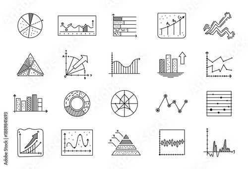 Analytics chart set in outline line art dashboard data statistics visualization finance business growth trend performance report comparison distribution timeline