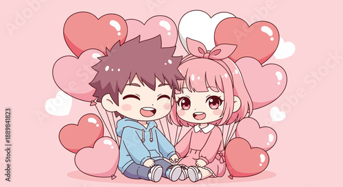 Cute Chibi Style Valentine Couple with Heart Balloons Illustration Graphic