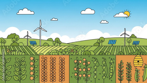 Sustainable farming landscape with wind turbines solar panels and various crops growing in a sunny day with a beehive representing eco friendly agriculture and renewable energy