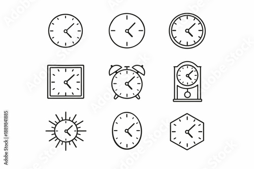 Set of nine clock icons with various shapes and styles