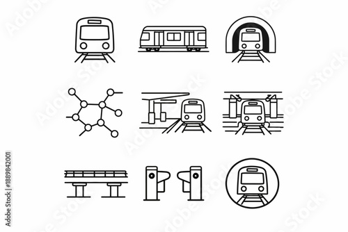 Set of subway train icons including tunnel, station, and transit symbols in line art style