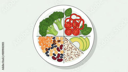 Balanced diet plate with vegetables fruits grains and legumes for healthy eating