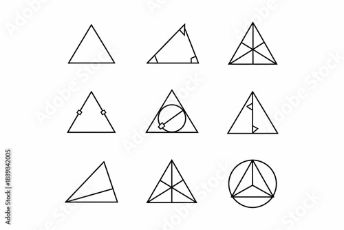 Set of nine geometric triangle variations with unique line patterns